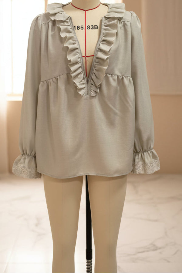Women's V-Neck Ruffle Trim Flared Cuff Long Sleeve Blouse