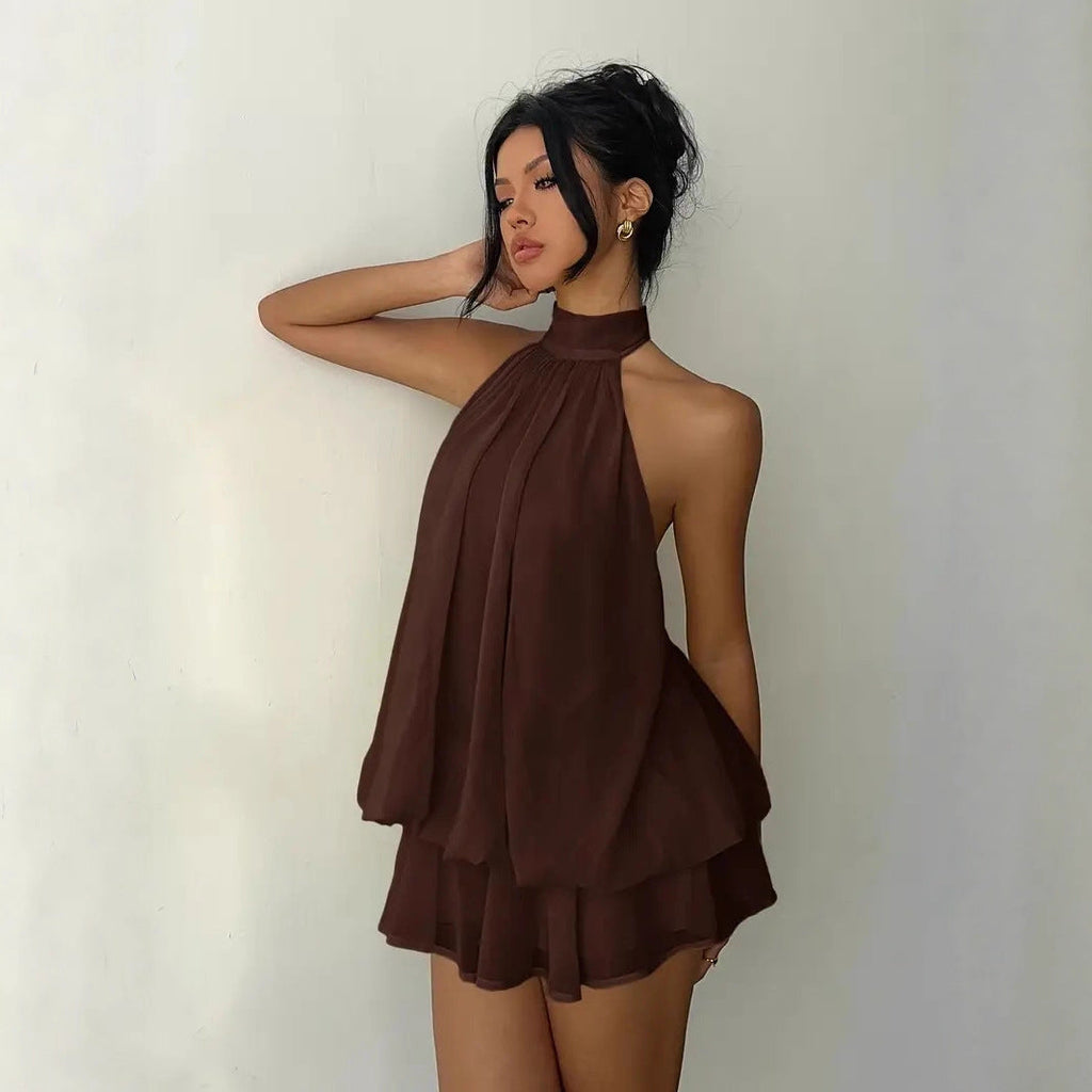 Women's Backless Halter Neck High-Waist Mini Dress with Puffy Skirt