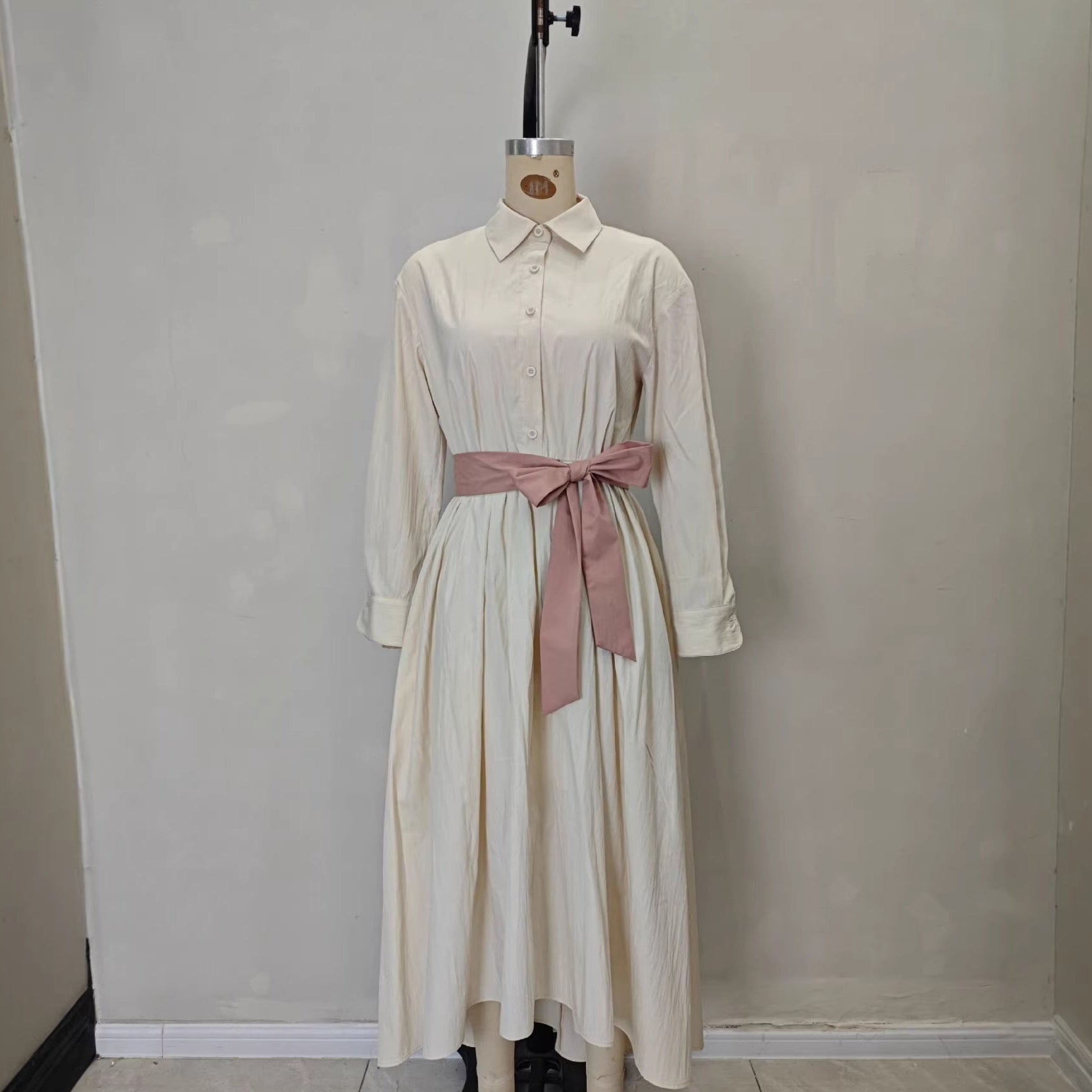 Long Sleeve Polo Collar High Waist Maxi Dress for Women – Solid Color Button Dress