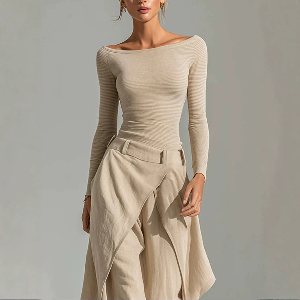 Women's Off-Shoulder Slim Top & Draped Wide Leg Pants Two-Piece Set