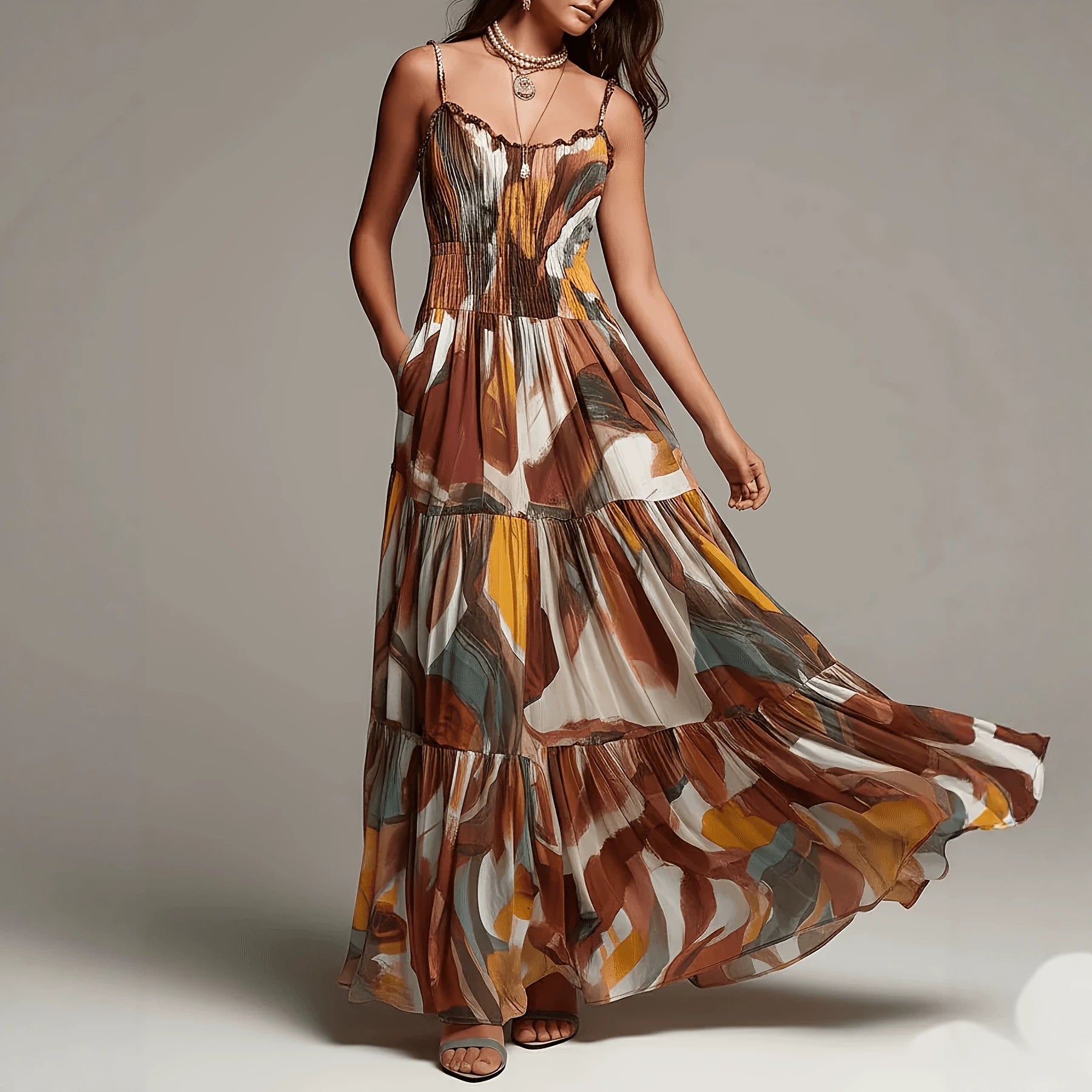 Brown Spaghetti Strap Pleated Waist Maxi Dress with Pockets