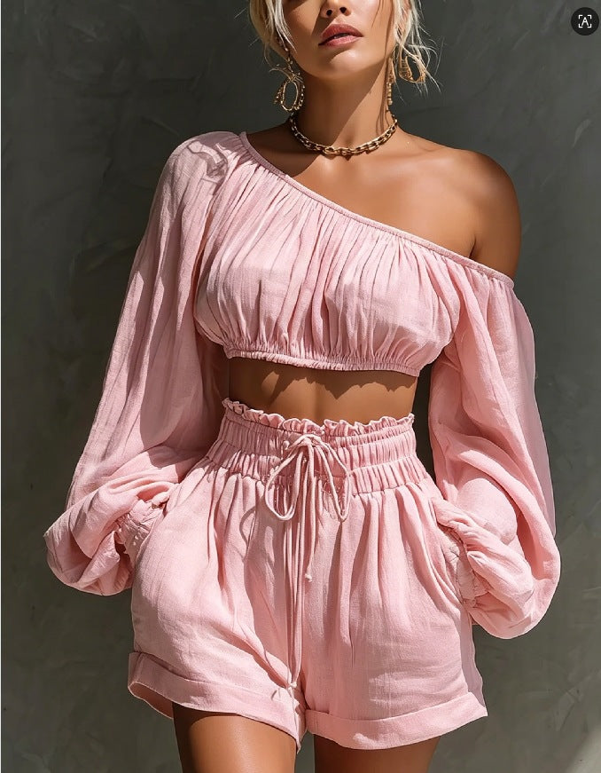 Women's One-Shoulder Ruched Crop Top & High-Waist Shorts Set