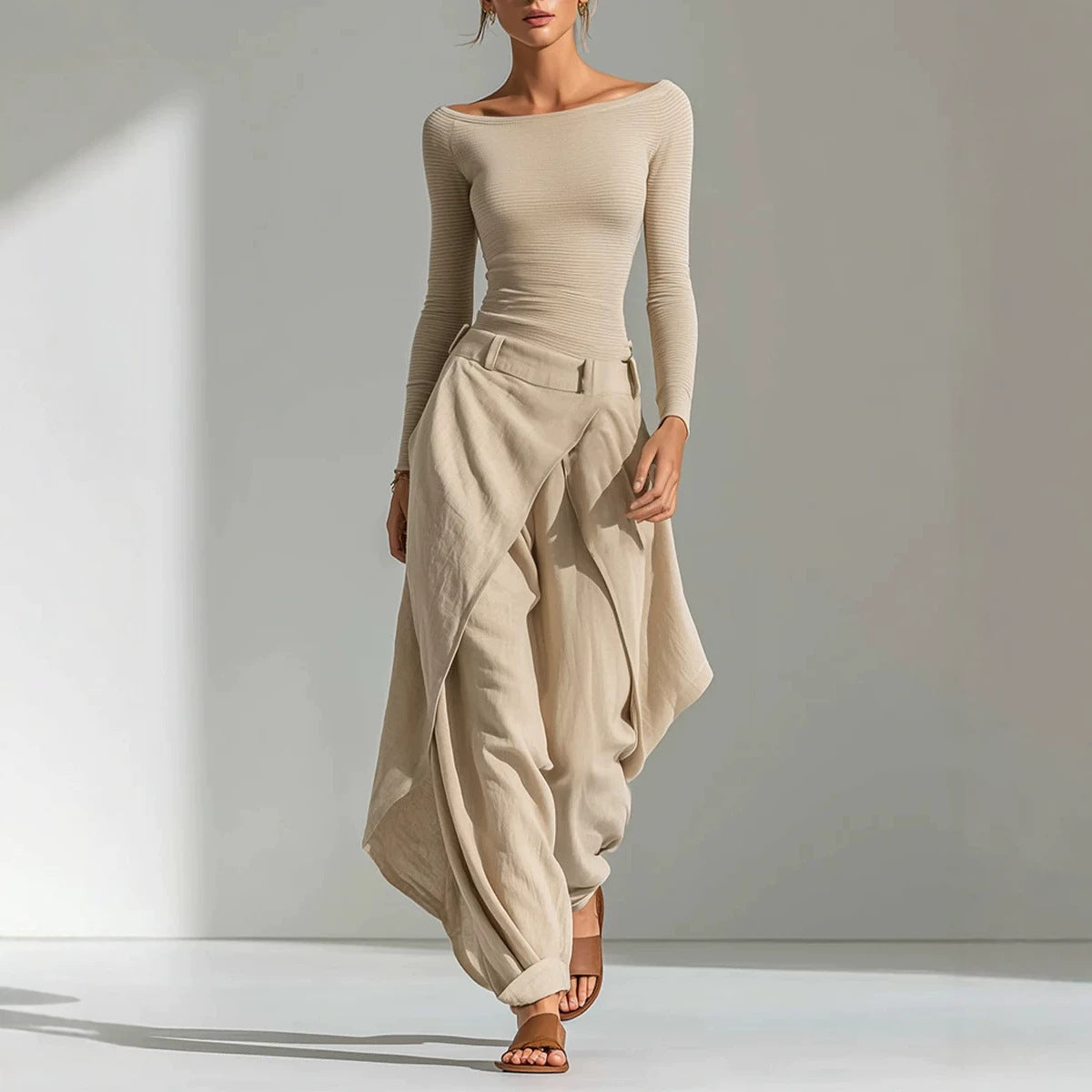 Women's Off-Shoulder Slim Top & Draped Wide Leg Pants Two-Piece Set