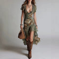 Women's Vintage Oil Painting Print Bubble Sleeve A-Line Midi Dress | Ruffle Irregular Hem Dress