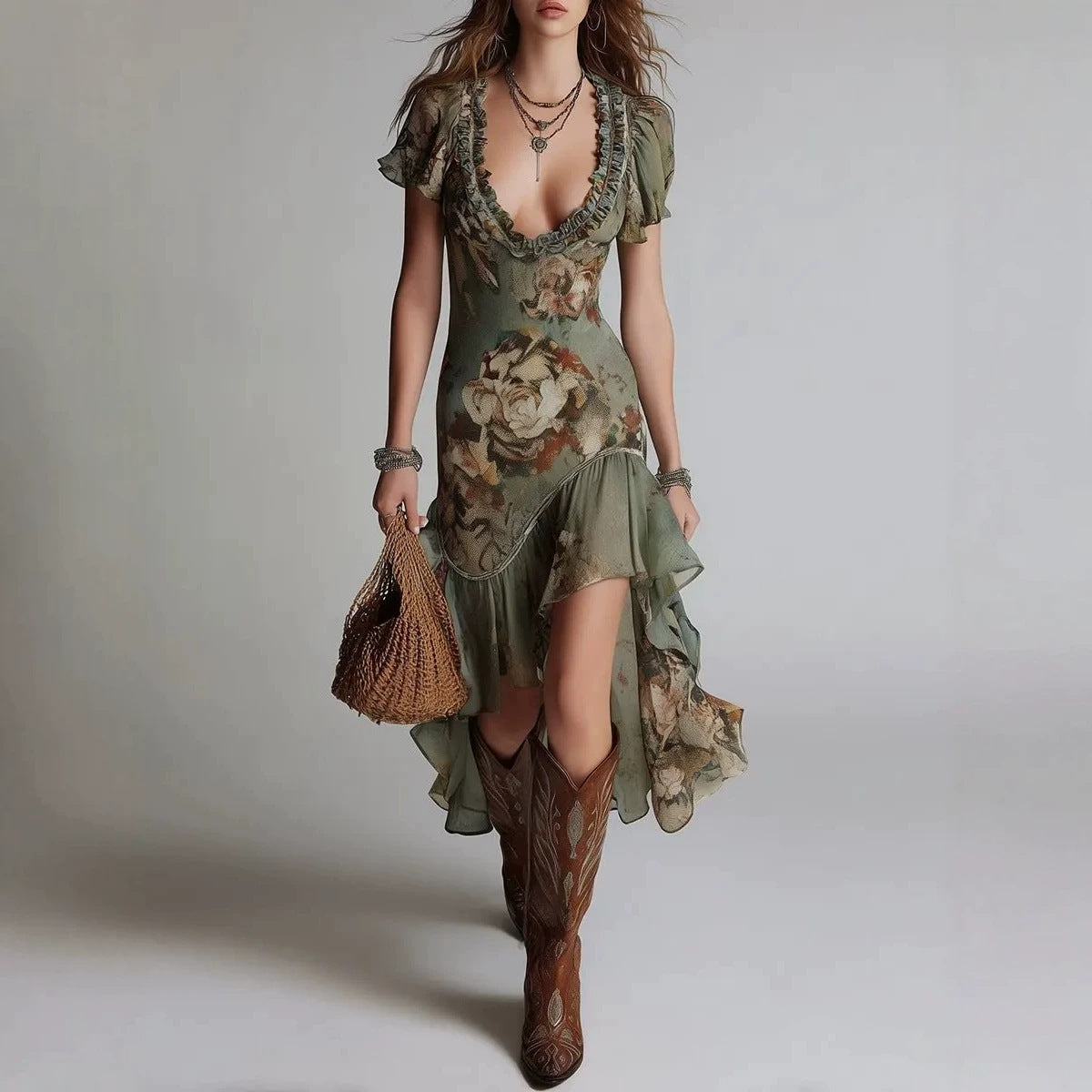 Women's Vintage Oil Painting Print Bubble Sleeve A-Line Midi Dress | Ruffle Irregular Hem Dress