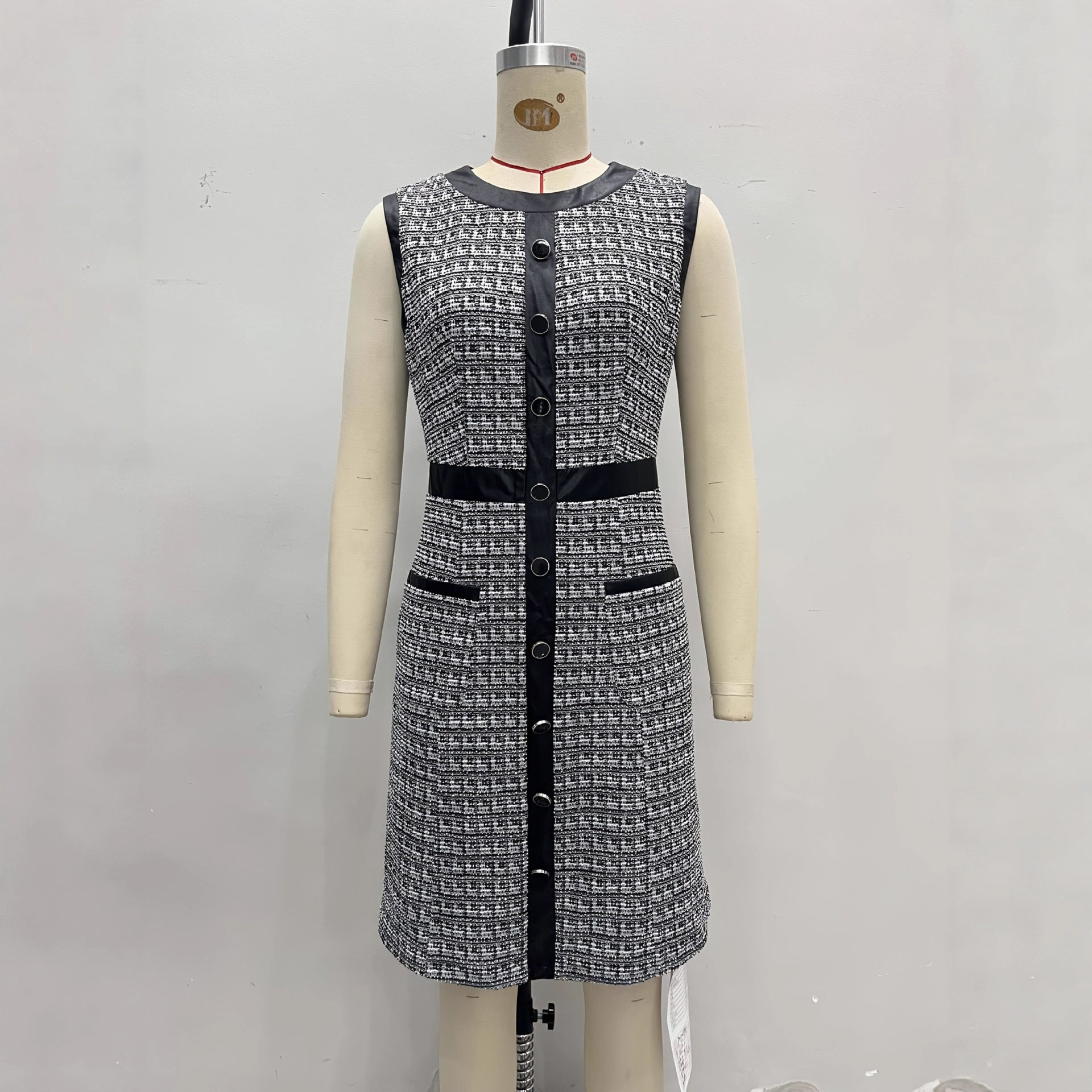 Women's Vintage Tweed Sleeveless A-Line Mini Dress – Leather Trim Vest Dress