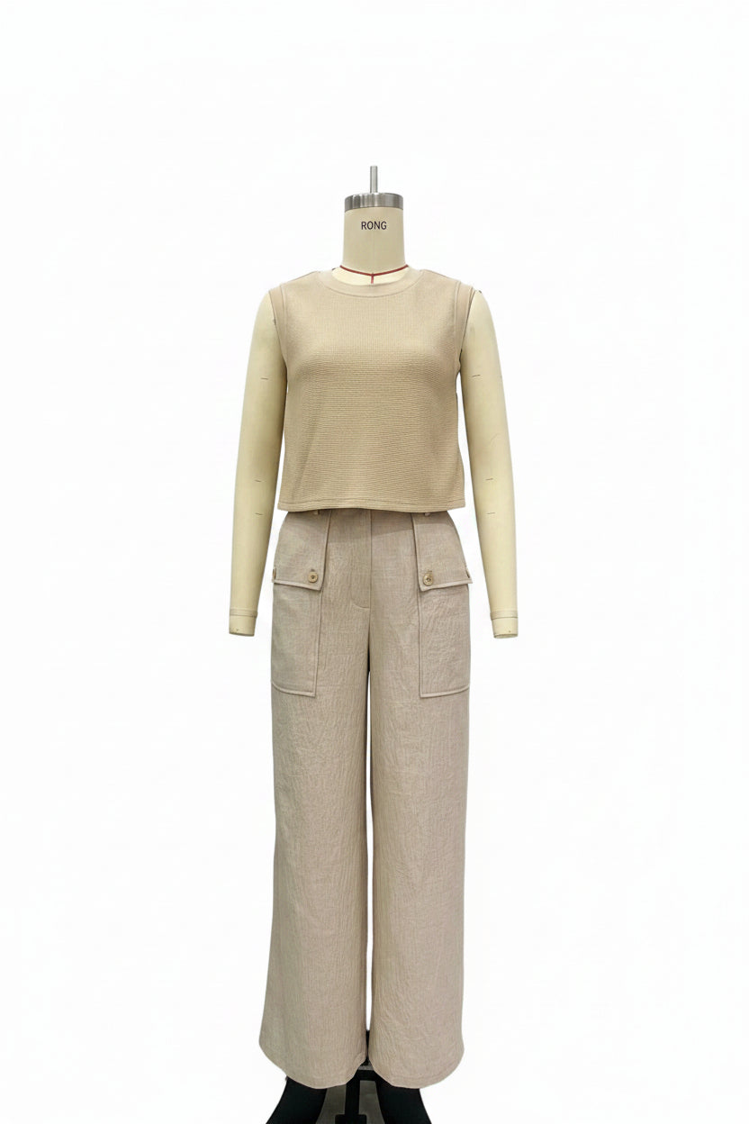 Women's Sleeveless Knit Vest & Wide Leg Pants Two-Piece Set – Casual Linen Khaki