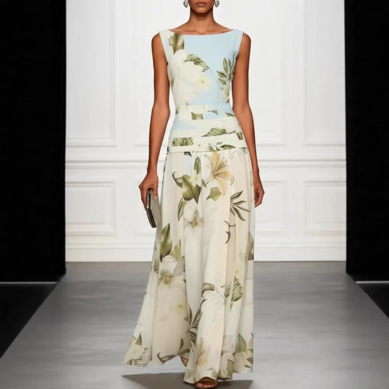 Women's Floral Print Sleeveless Backless Waist-Cinching Maxi Dress