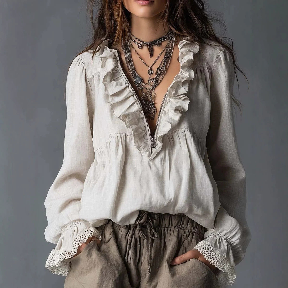 Women's V-Neck Ruffle Trim Flared Cuff Long Sleeve Blouse