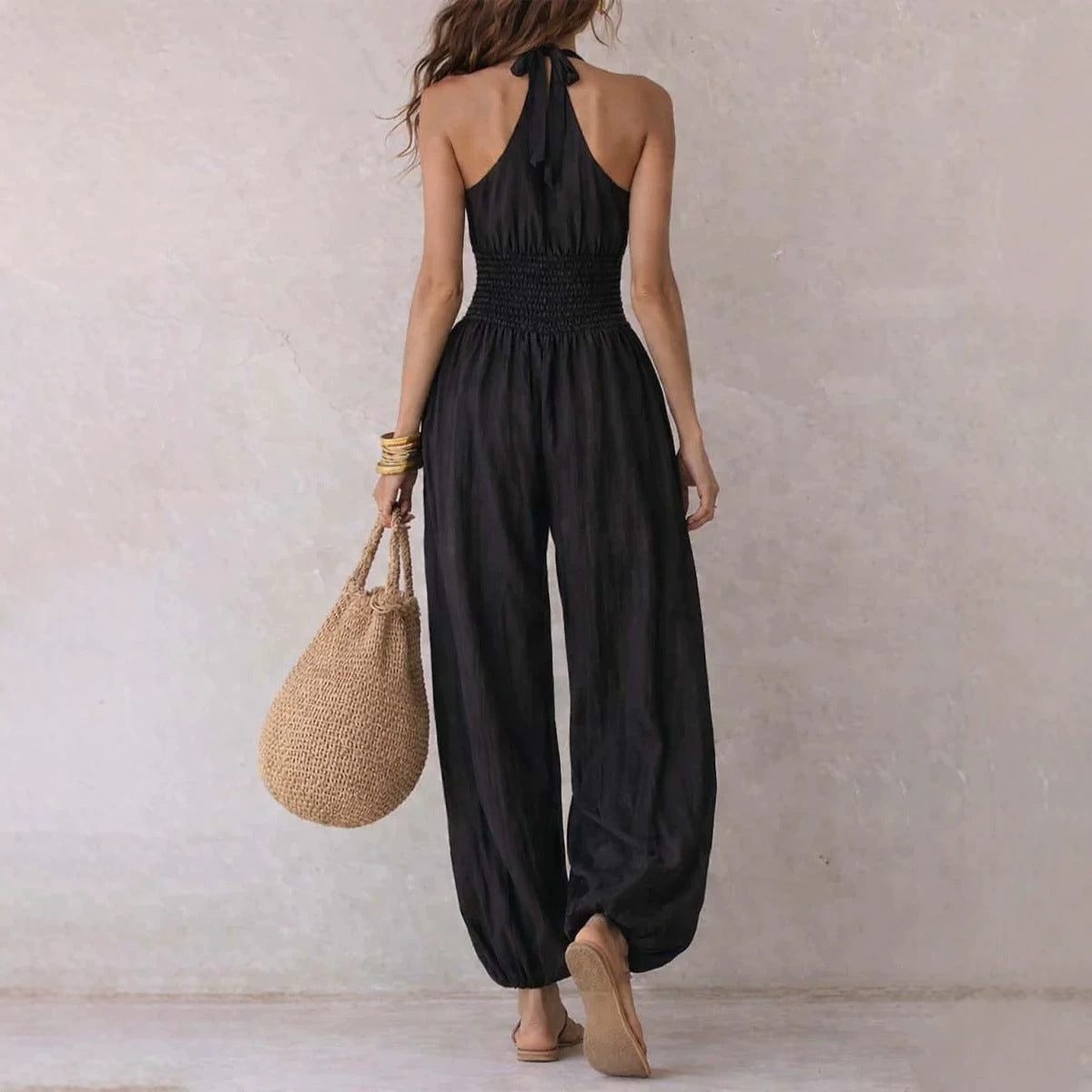 Sleeveless Halter Neck Backless High Waist Jumpsuit for Women – Wide Leg Casual