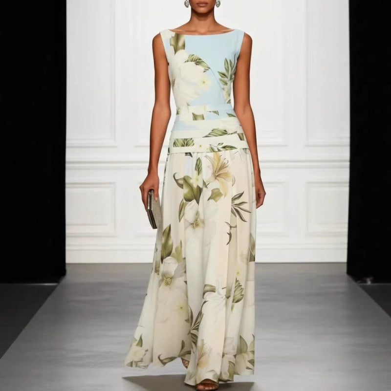 Women's Floral Print Sleeveless Backless Waist-Cinching Maxi Dress