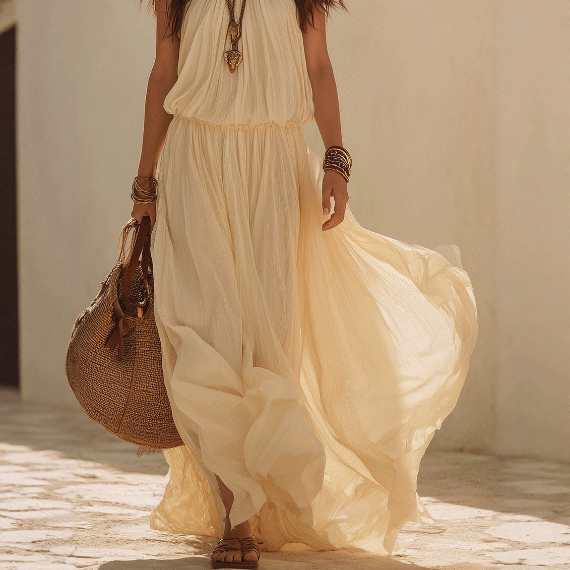 Beige White Halter Neck Maxi Dress – Boho Fairy Sleeveless Long Dress