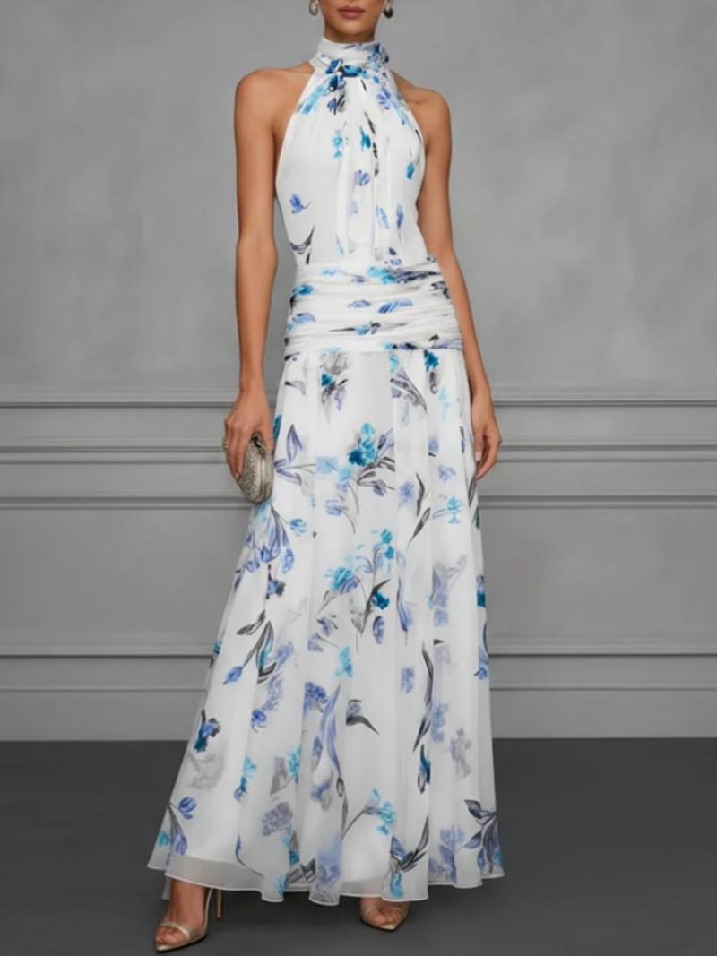 Halter Neck Printed Maxi Dress – Fitted Sleeveless Long Dress