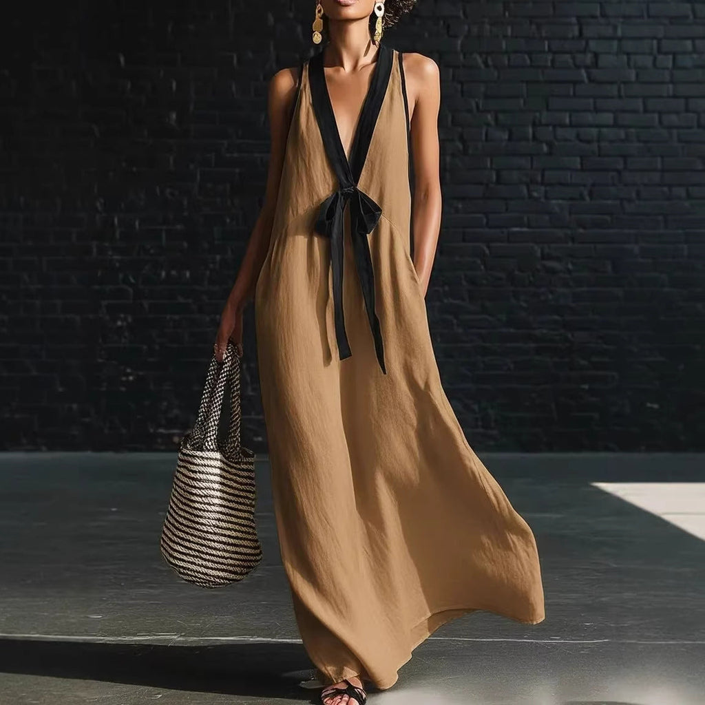 Women's V-Neck Strapless Sleeveless Maxi Dress | Resort-Style Elegant Long Dress