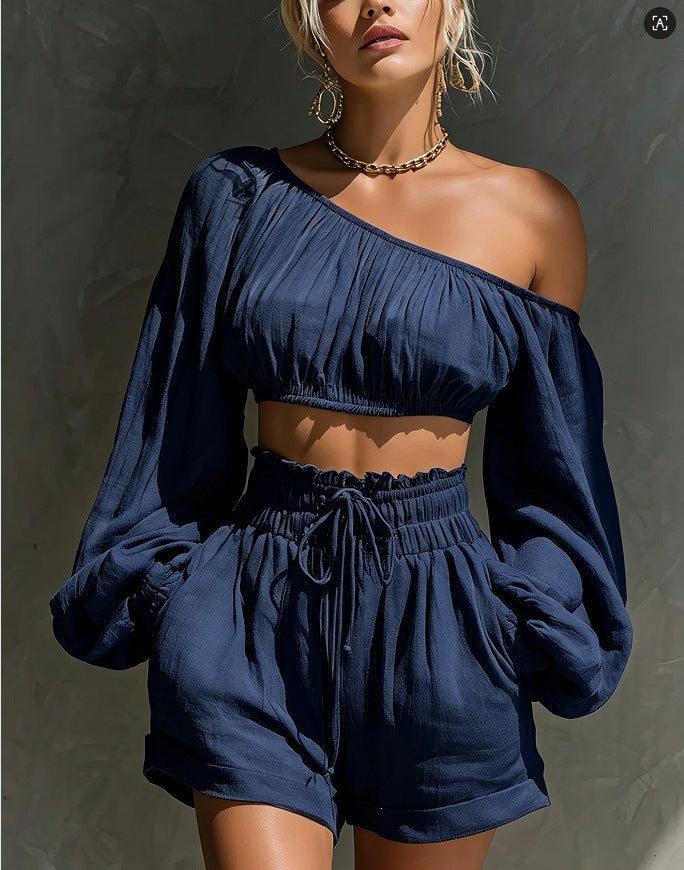 Women's One-Shoulder Ruched Crop Top & High-Waist Shorts Set