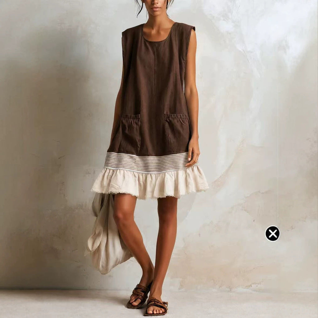 Women's Elegant Ruffle Neck Three-Quarter Sleeve Midi Dress – Vacation Style