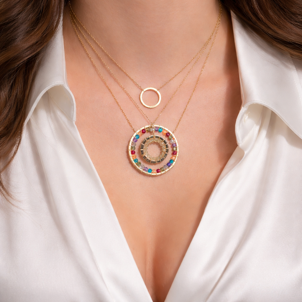 Rainbow Gemstone Halo Necklace