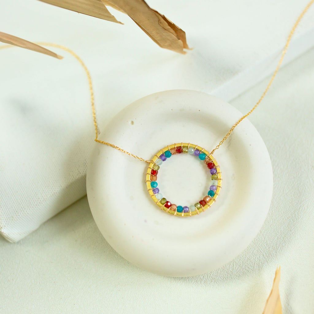 Rainbow Gemstone Halo Necklace