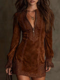 Women's Lace Trim Zip-Front Long Sleeve Mini Dress – Fitted Bodycon Boho Retro