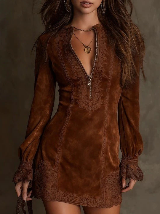 Women's Lace Trim Zip-Front Long Sleeve Mini Dress – Fitted Bodycon Boho Retro