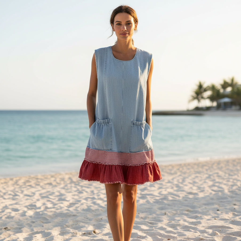 Women's Elegant Ruffle Neck Three-Quarter Sleeve Midi Dress – Vacation Style