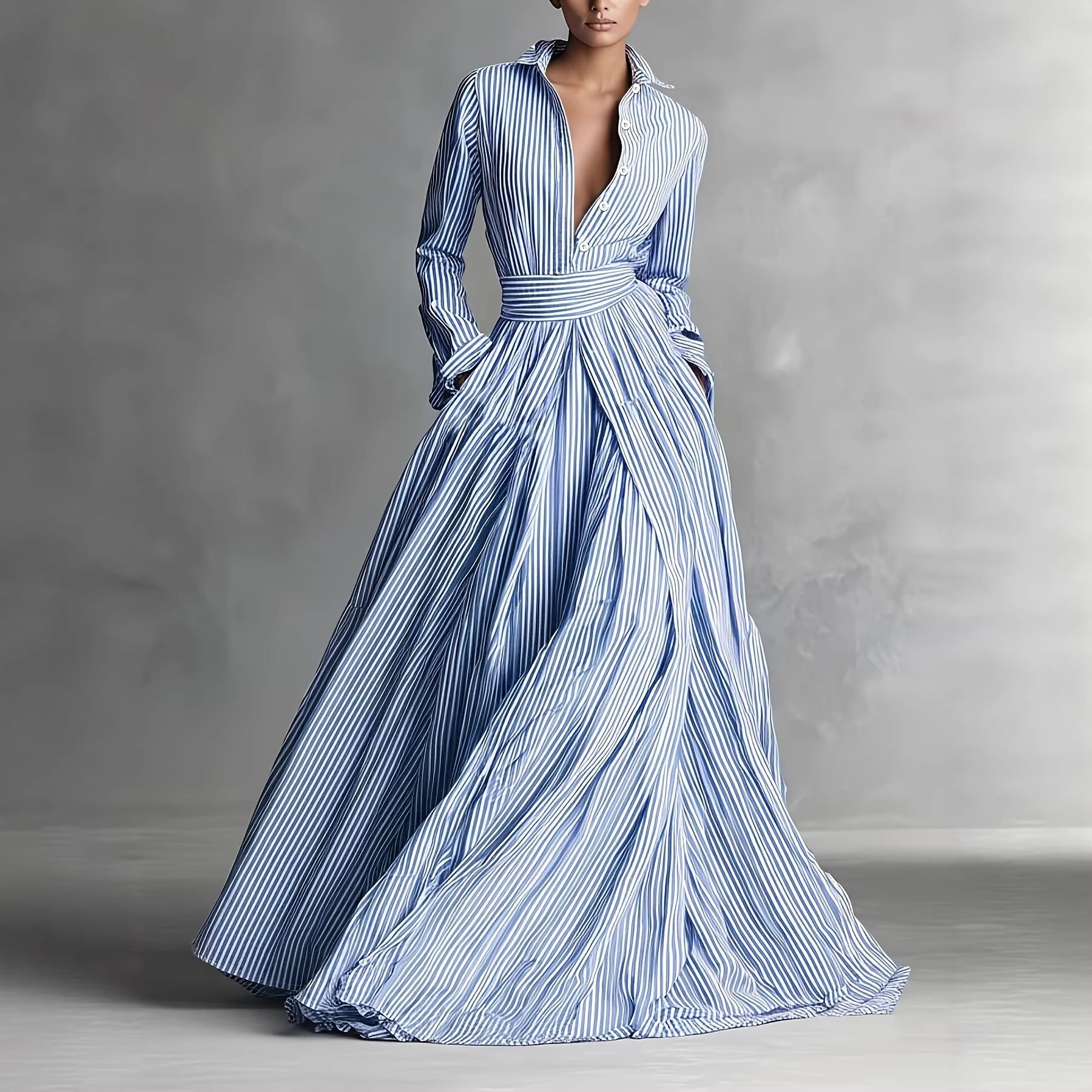 Striped Long Sleeve Cardigan Shirt Dress for Women – Tie Waist Pocket Maxi Dress