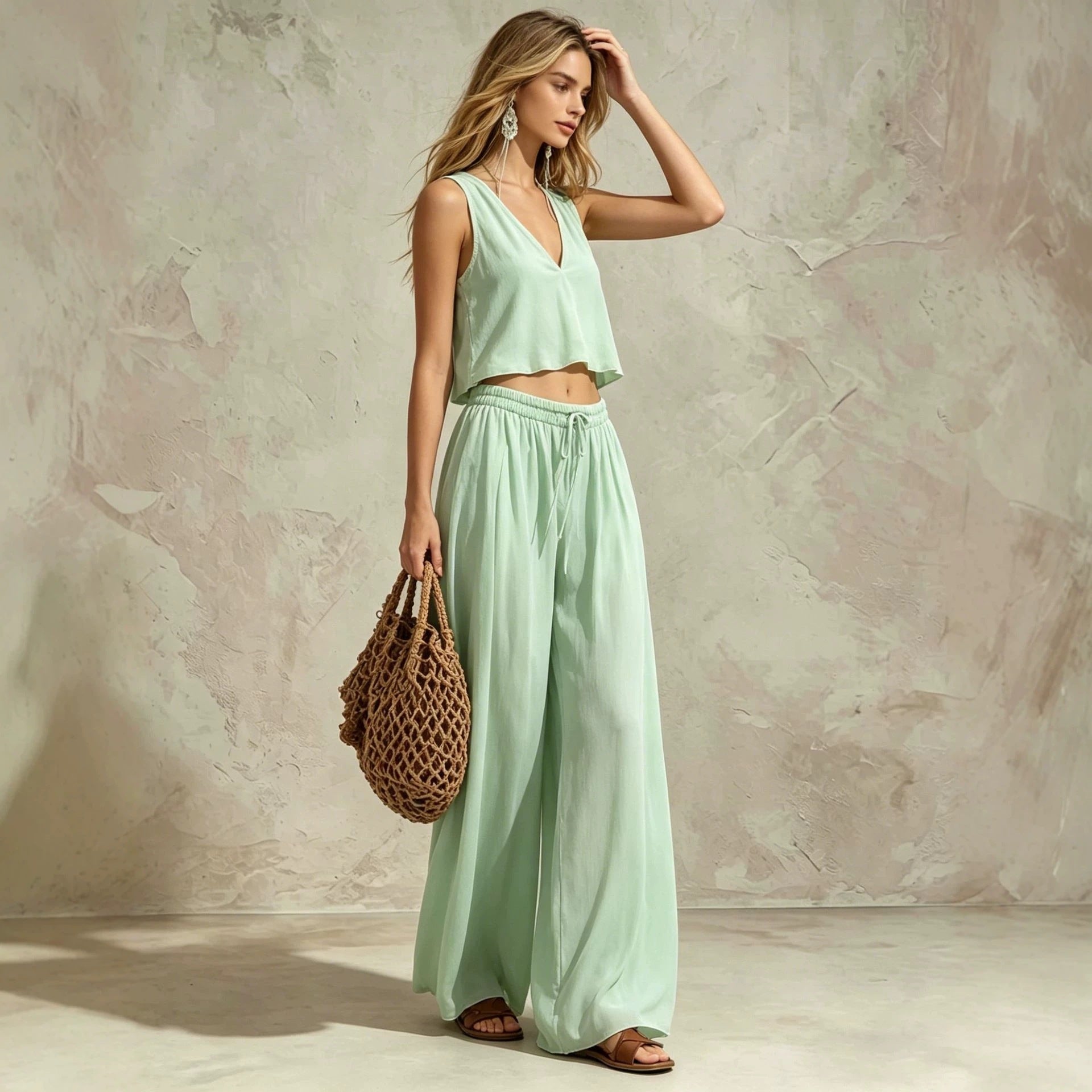 Women's V-Neck Sleeveless Camisole Top & Wide Leg Pants Set