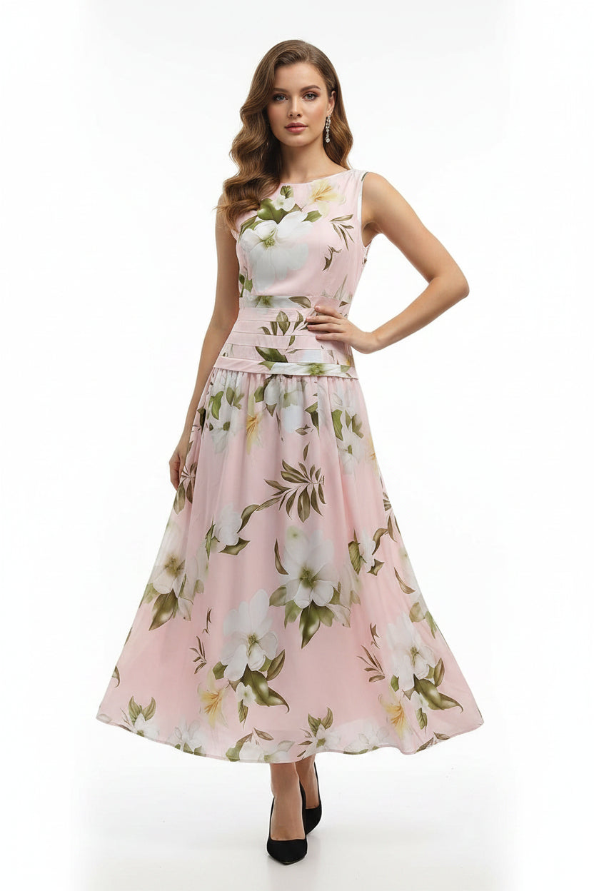 Women's Floral Print Sleeveless Backless Waist-Cinching Maxi Dress