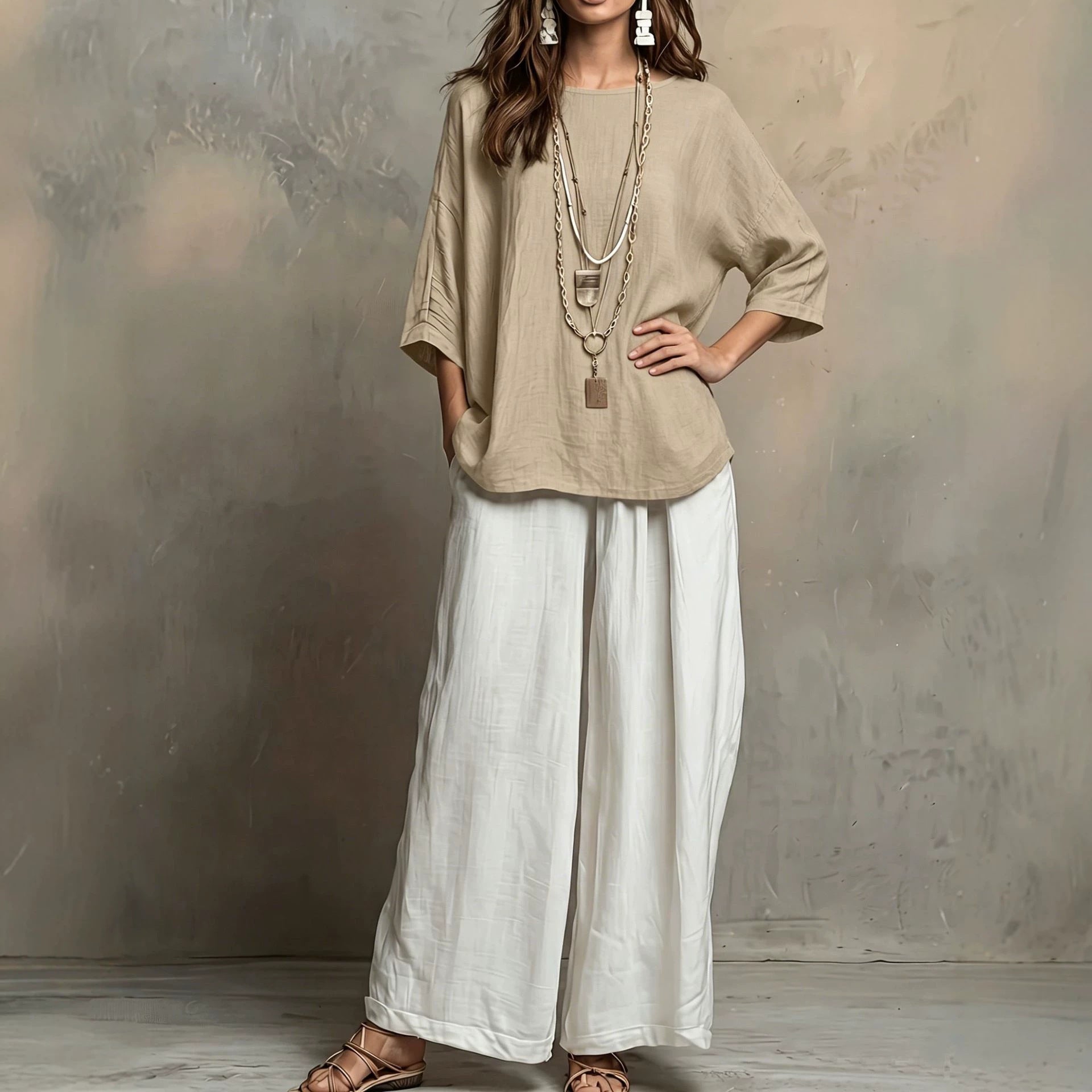 Women's Bohemian Loose Three-Quarter Sleeve Top Set