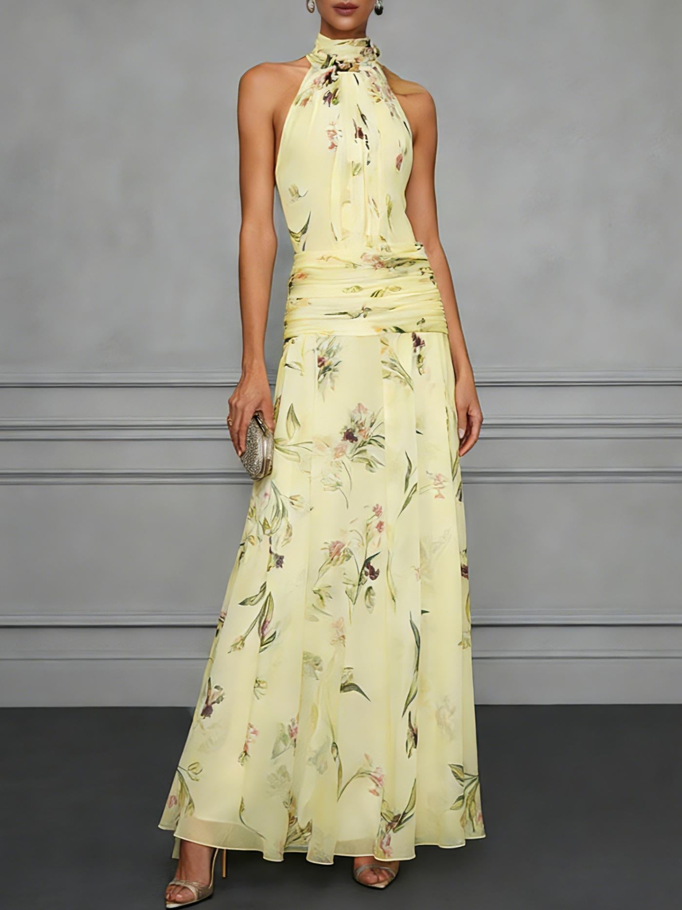 Halter Neck Printed Maxi Dress – Fitted Sleeveless Long Dress