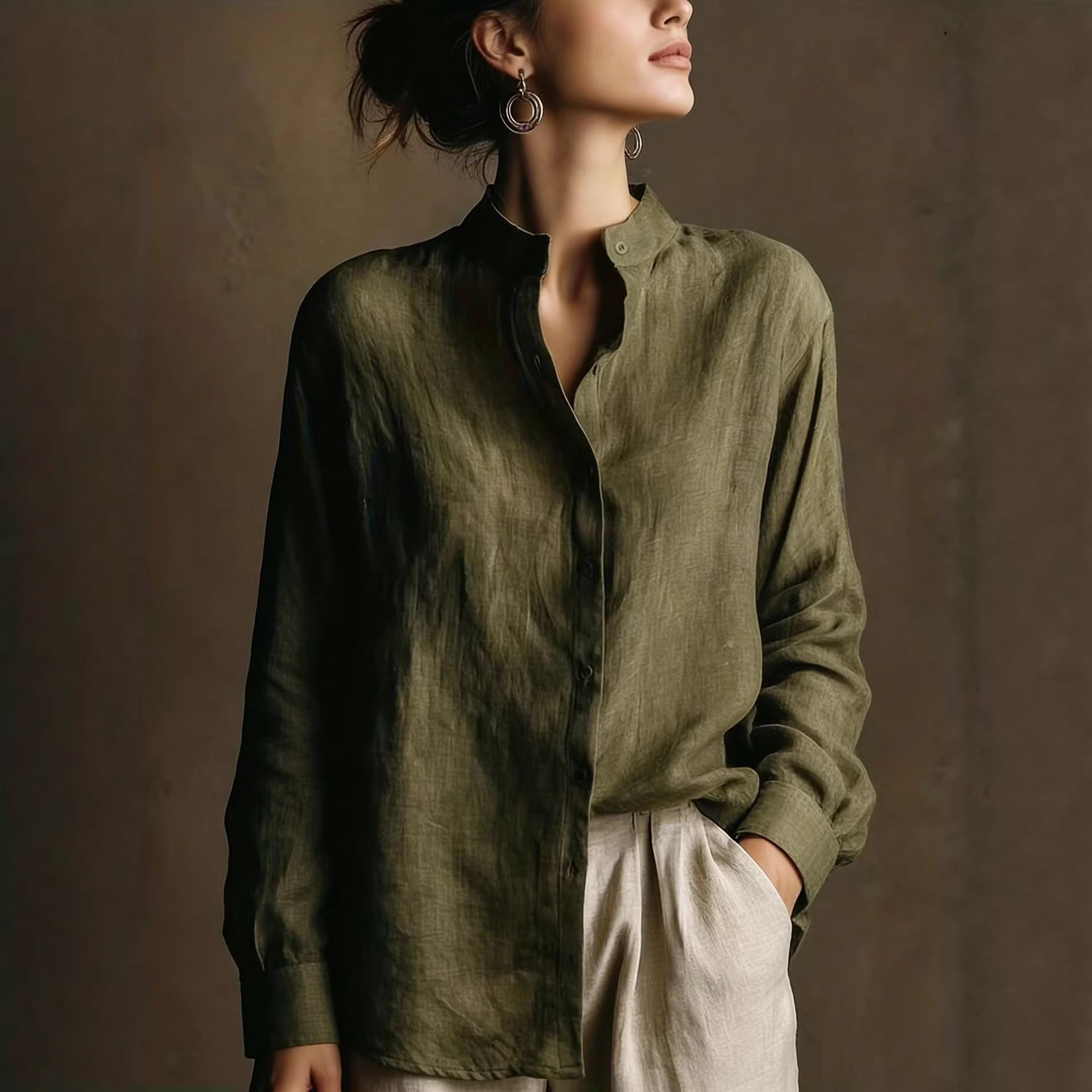 Women's Loose Cotton Linen Long Sleeve Shirt — Flip Collar