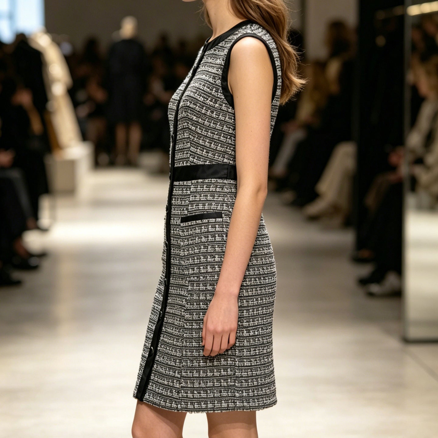 Women's Vintage Tweed Sleeveless A-Line Mini Dress – Leather Trim Vest Dress