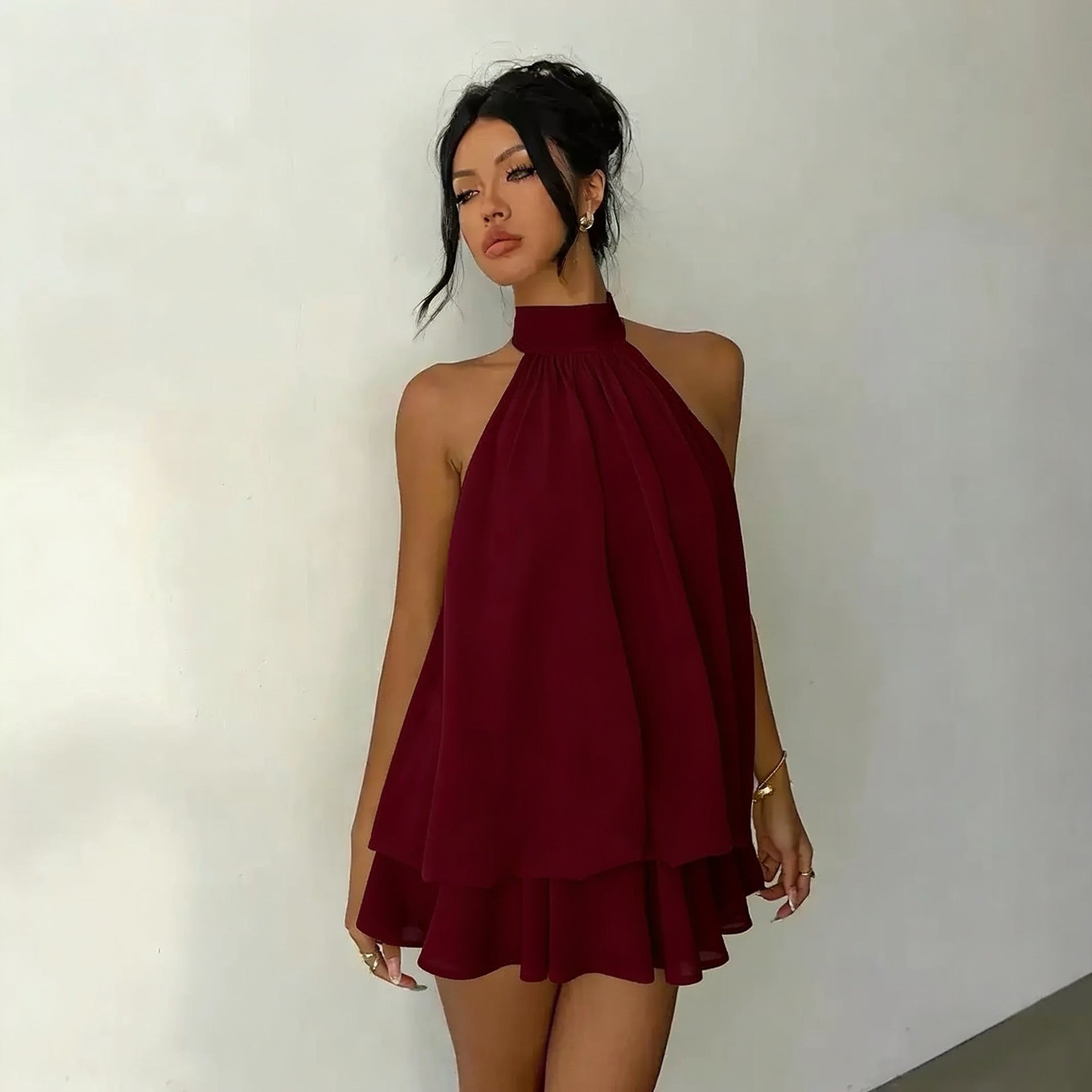 Women's Backless Halter Neck High-Waist Mini Dress with Puffy Skirt