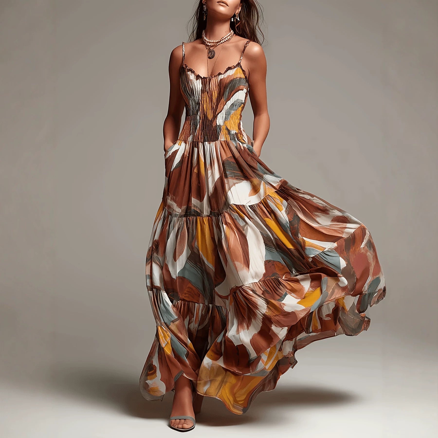 Brown Spaghetti Strap Pleated Waist Maxi Dress with Pockets