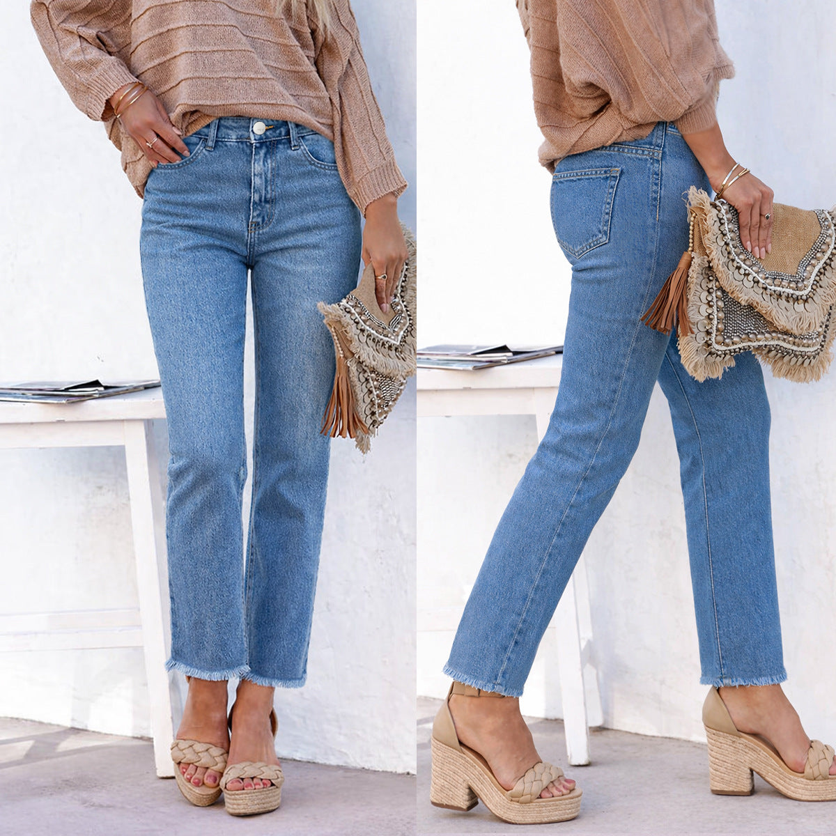 Women's Straight Leg Ankle-Length Raw Hem Denim Pants – Casual High-Waist Jeans