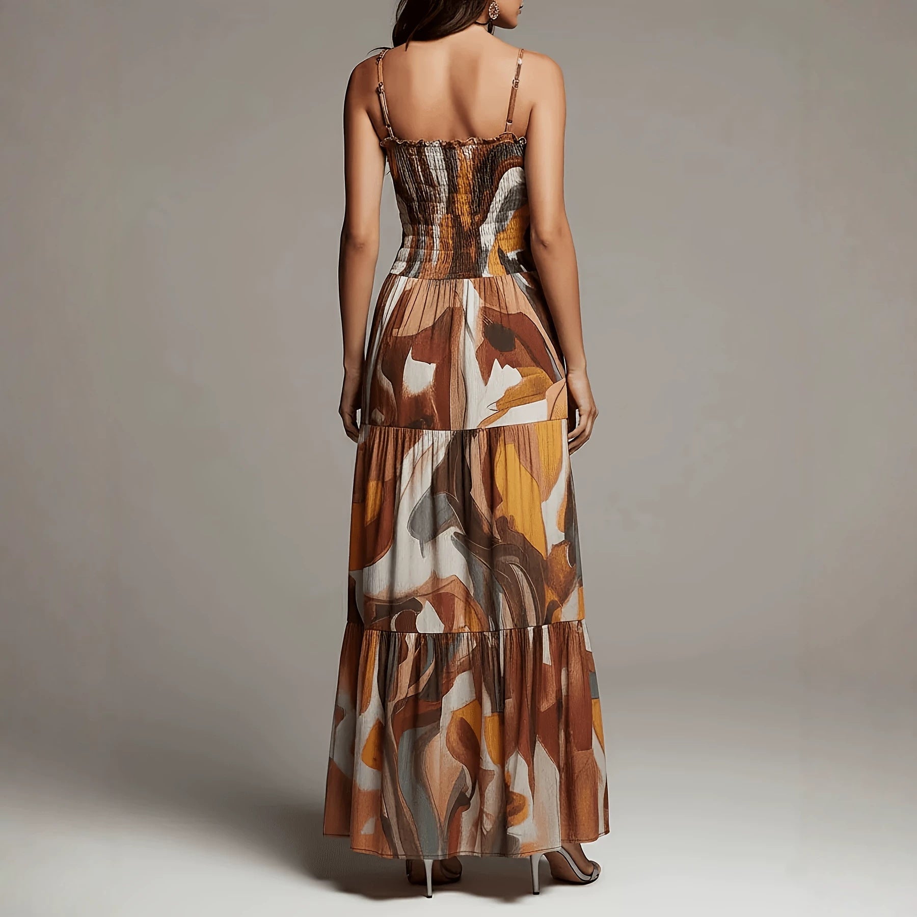 Brown Spaghetti Strap Pleated Waist Maxi Dress with Pockets