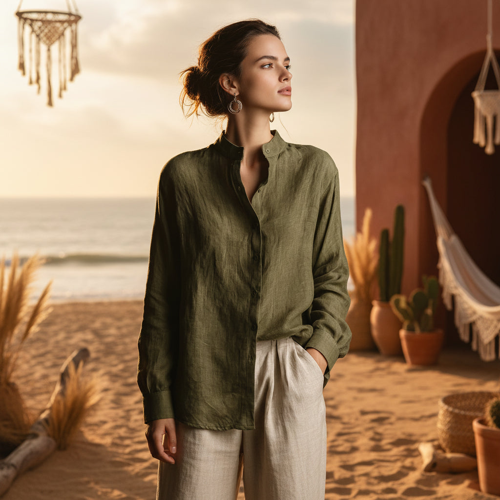 Women's Loose Cotton Linen Long Sleeve Shirt — Flip Collar