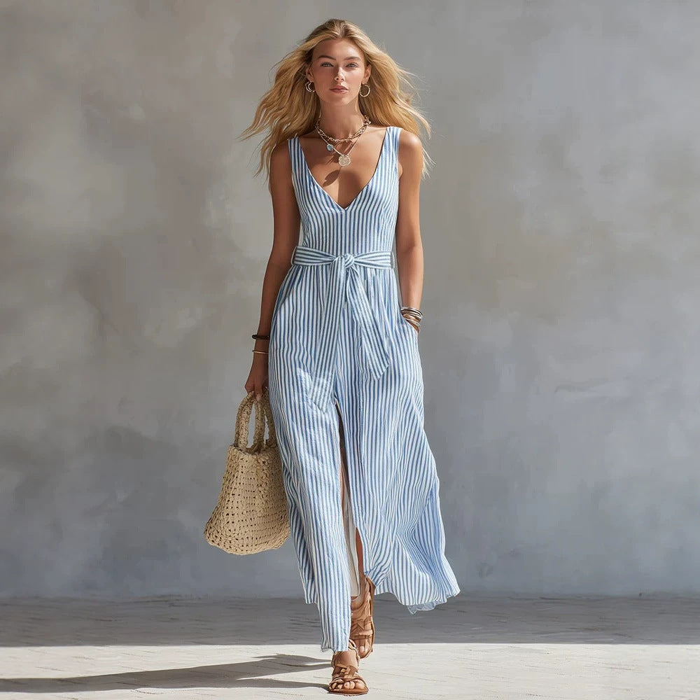 Women's Blue & White Striped Maxi Dress | V-Neck Waist-Tie Side Split Beach Dress