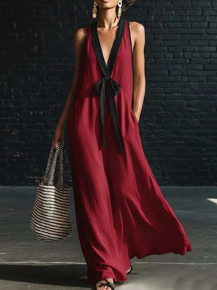Women's V-Neck Strapless Sleeveless Maxi Dress | Resort-Style Elegant Long Dress