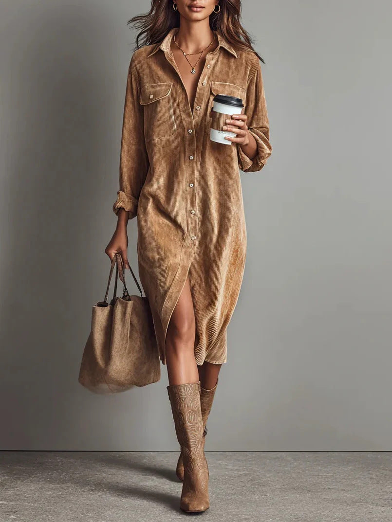 Women's Corduroy Long Sleeve Shirt Dress – Turn-Down Collar Button Front Midi with Pockets