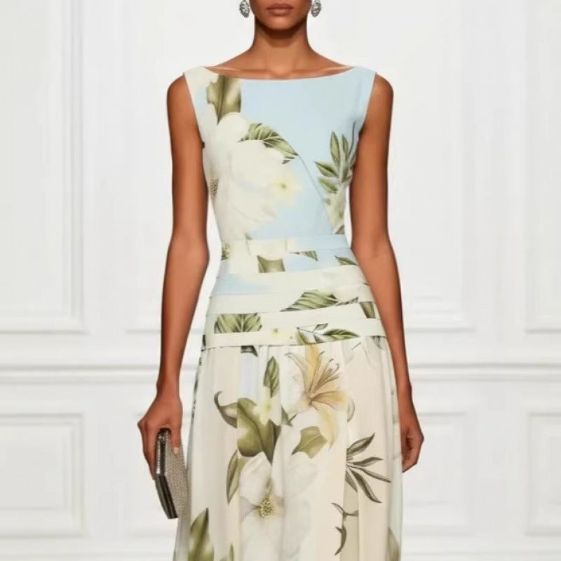 Women's Floral Print Sleeveless Backless Waist-Cinching Maxi Dress