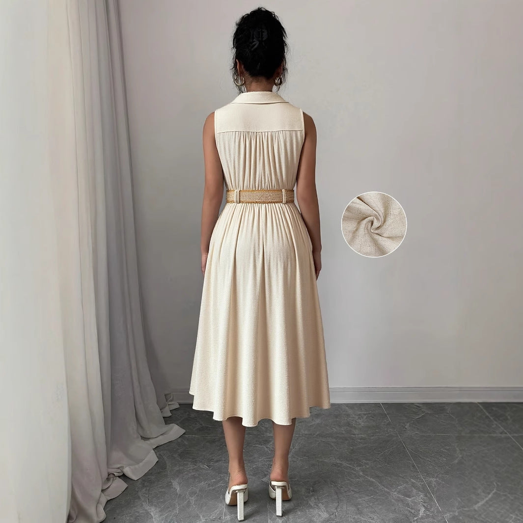 V-Neck Sleeveless A-Line Shirt Dress for Women – High Waist Cotton Linen Midi