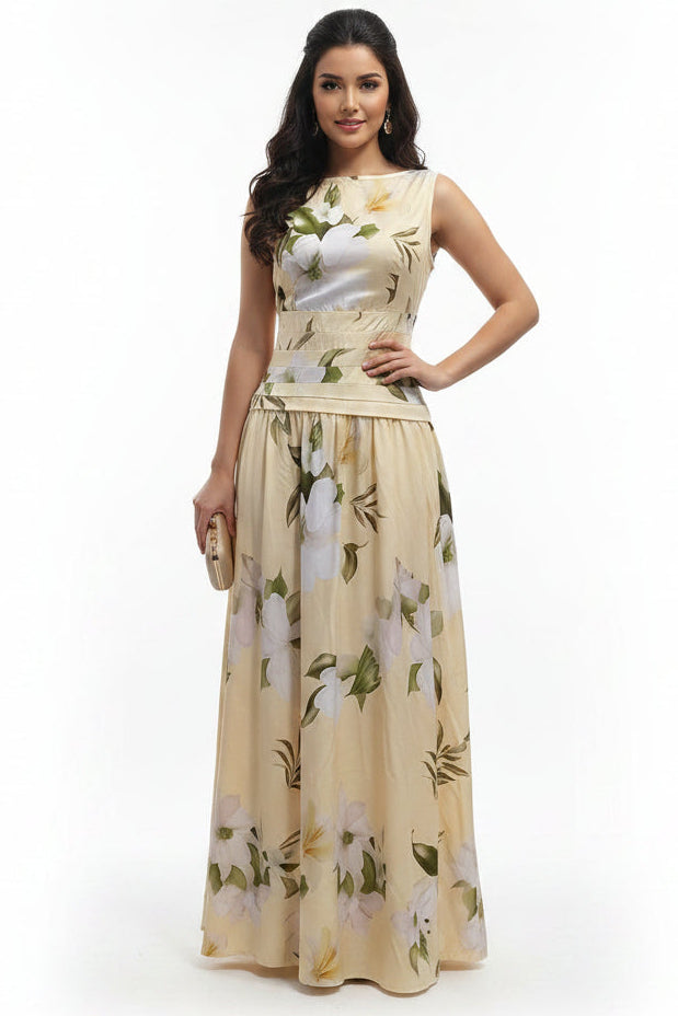 Women's Floral Print Sleeveless Backless Waist-Cinching Maxi Dress