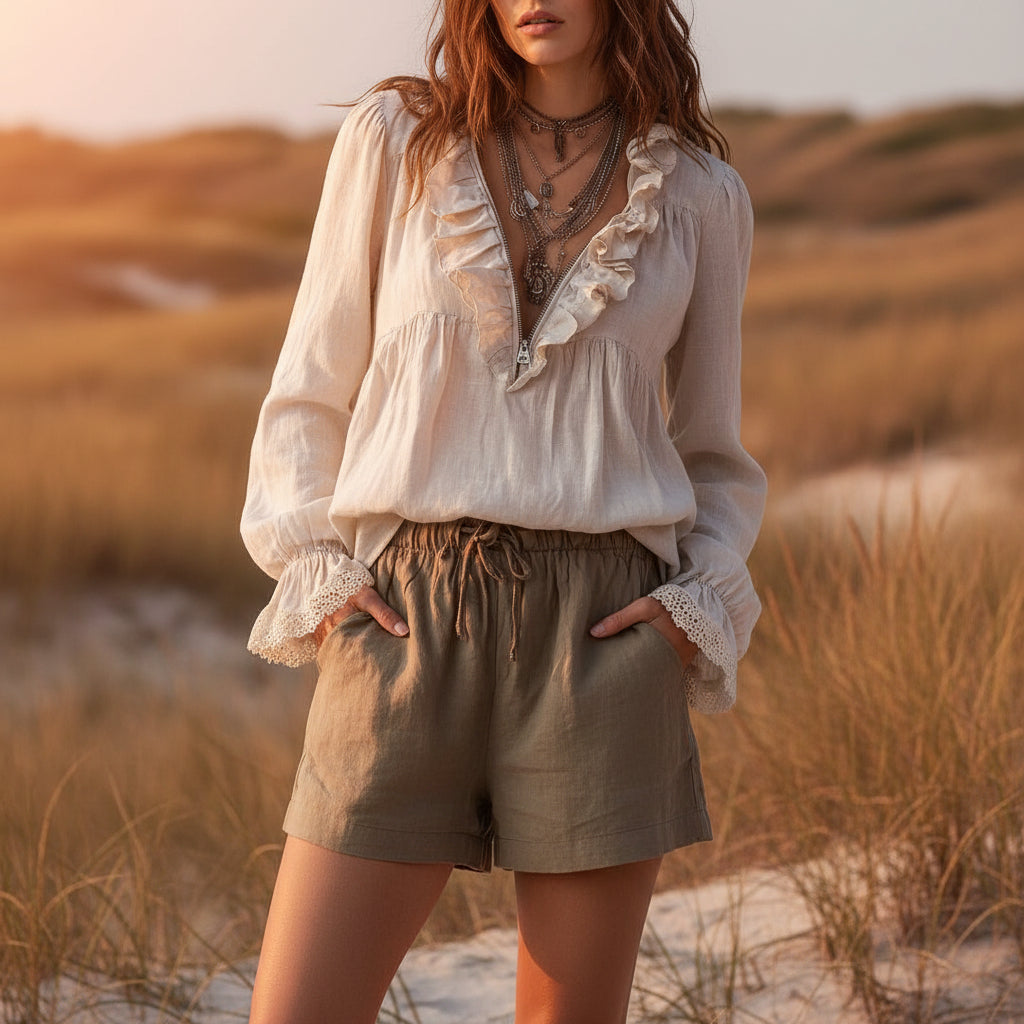 Women's V-Neck Ruffle Trim Flared Cuff Long Sleeve Blouse