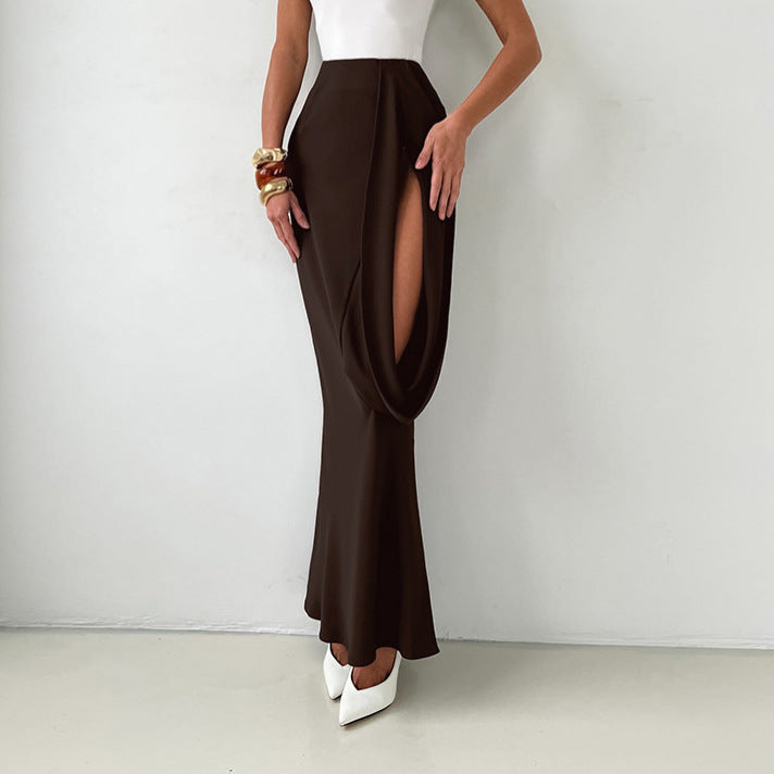 Niche Women Hollow Out Cutout Design Irregular Asymmetric High Waist Slim Fit Skirt Fishtail Skirt