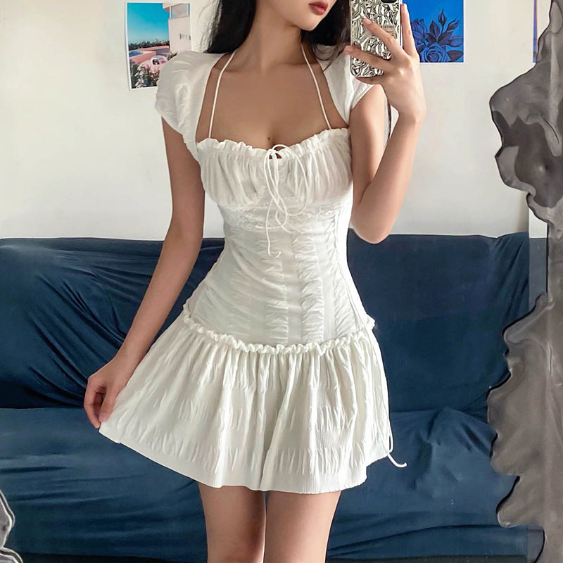 Summer French Low Cut Square Collar Halter Lace Up Design Short Sleeve Pleated Dress Women