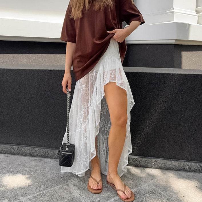 Split Ruffled Irregular Asymmetric Sweet Lace See through Skirt Arrival Women Clothing