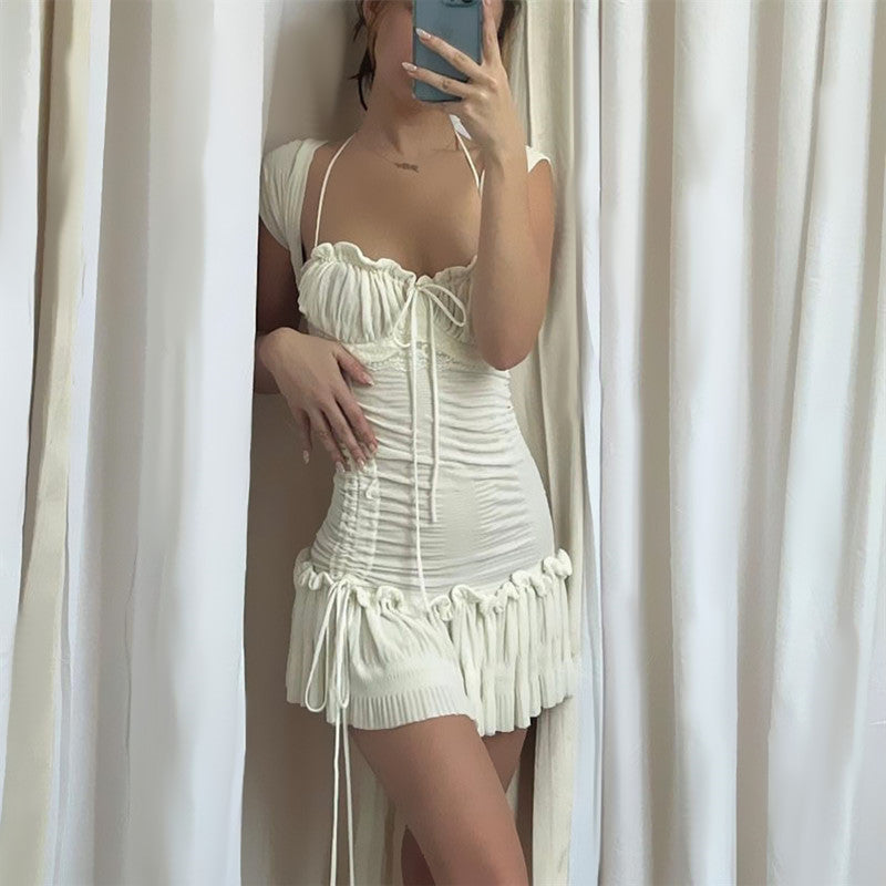 Summer French Low Cut Square Collar Halter Lace Up Design Short Sleeve Pleated Dress Women