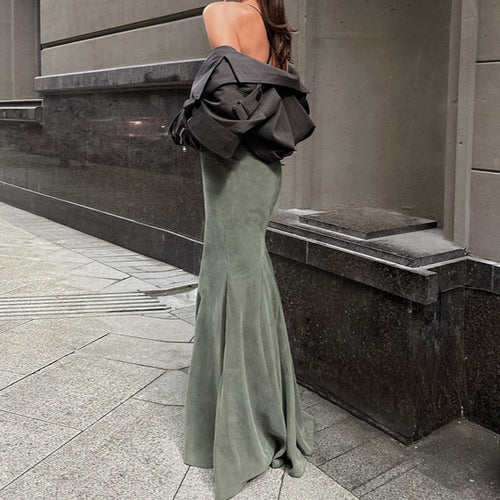Autumn Winter Retro Silver Fox Velvet Green Slim High Waist Sheath Fishtail Skirt Elegant Casual Dress Women Clothing