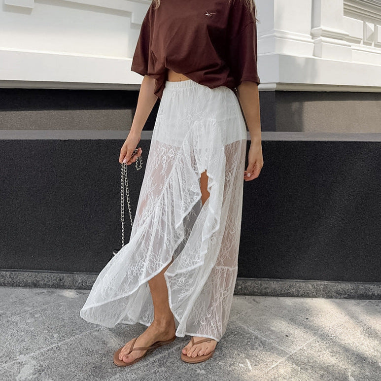 Split Ruffled Irregular Asymmetric Sweet Lace See through Skirt Arrival Women Clothing